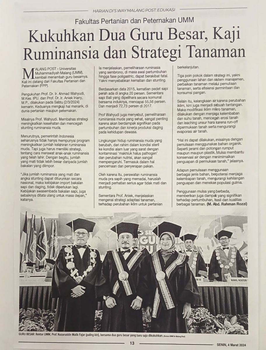 Kukuhkan Dua Guru Besar Kaji Ruminansia Dan Strategi Tanaman Malang